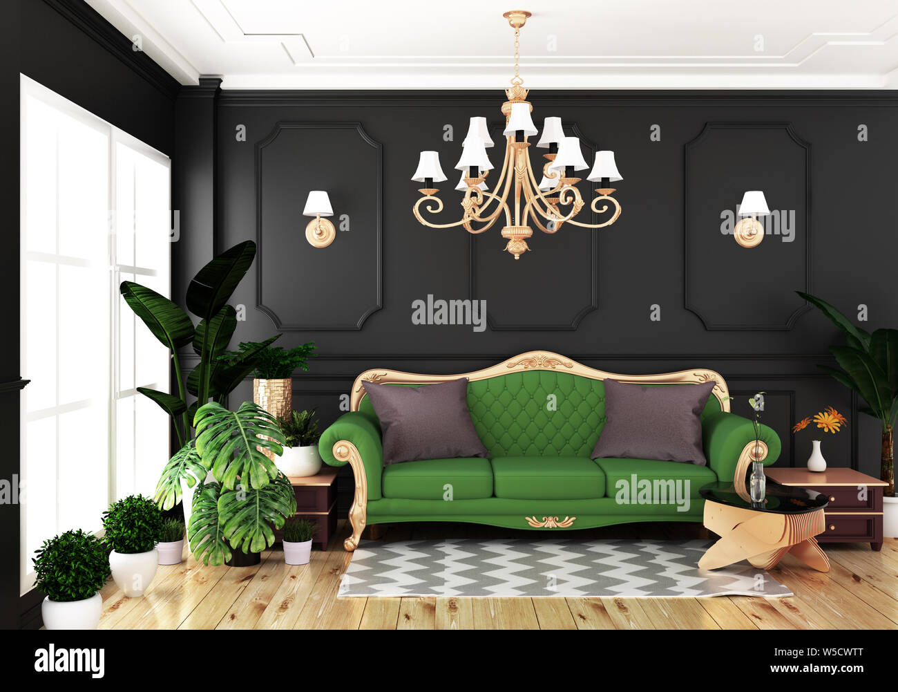 Interior Living Luxury Classic Style Decoration Black Wall On Wooden Floor 3d Rendering Stock Photo Alamy