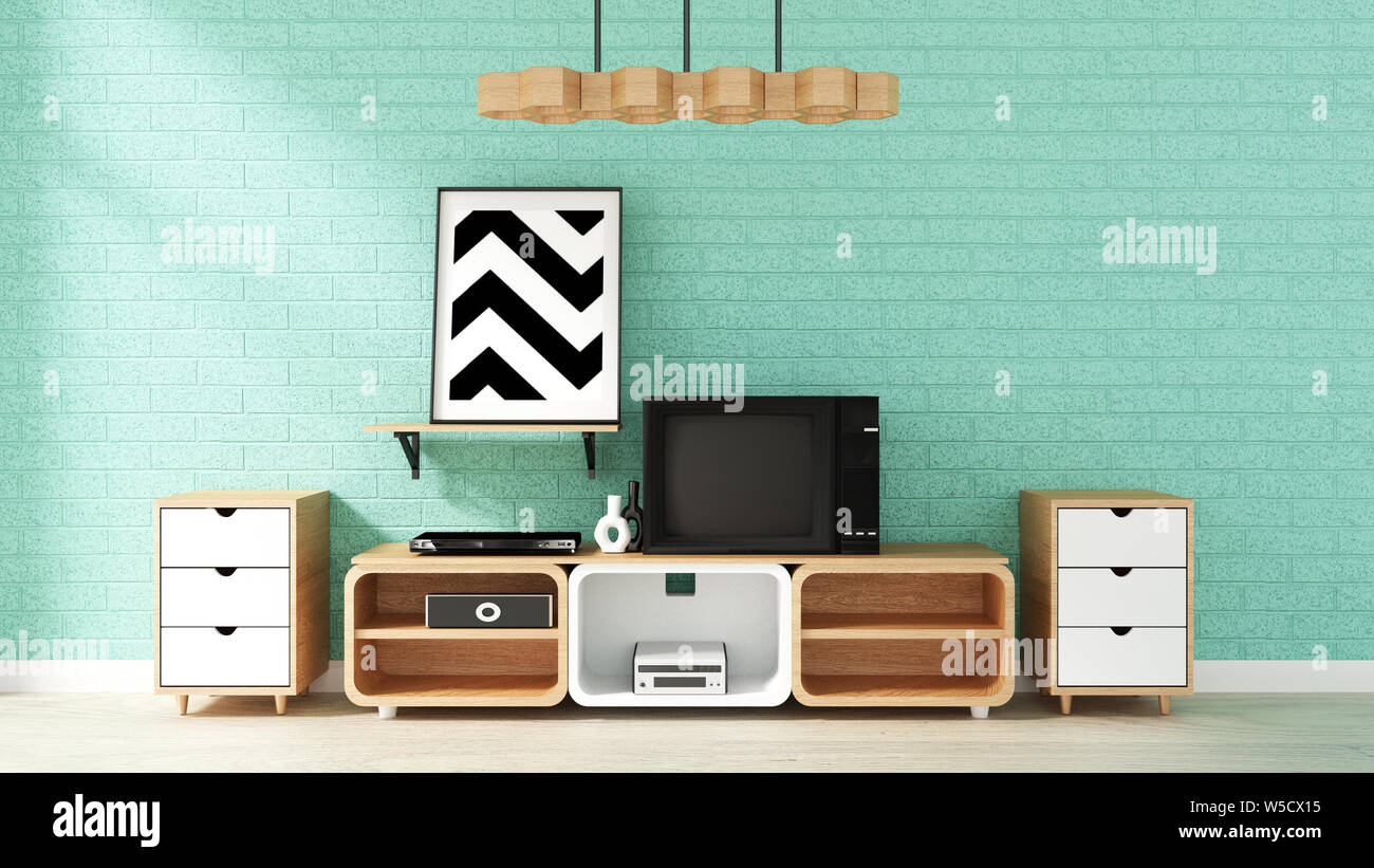 Tv Mockup on mint wall in japanese living room. 3d rendering Stock Photo