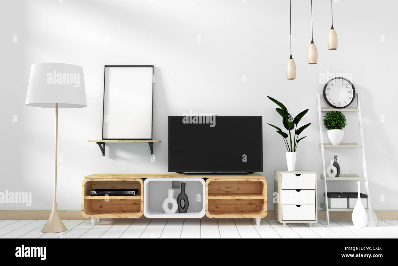 Tv on wooden cabinet in modern empty room and white wall on white floor room japanese style. 3d rendering Stock Photo