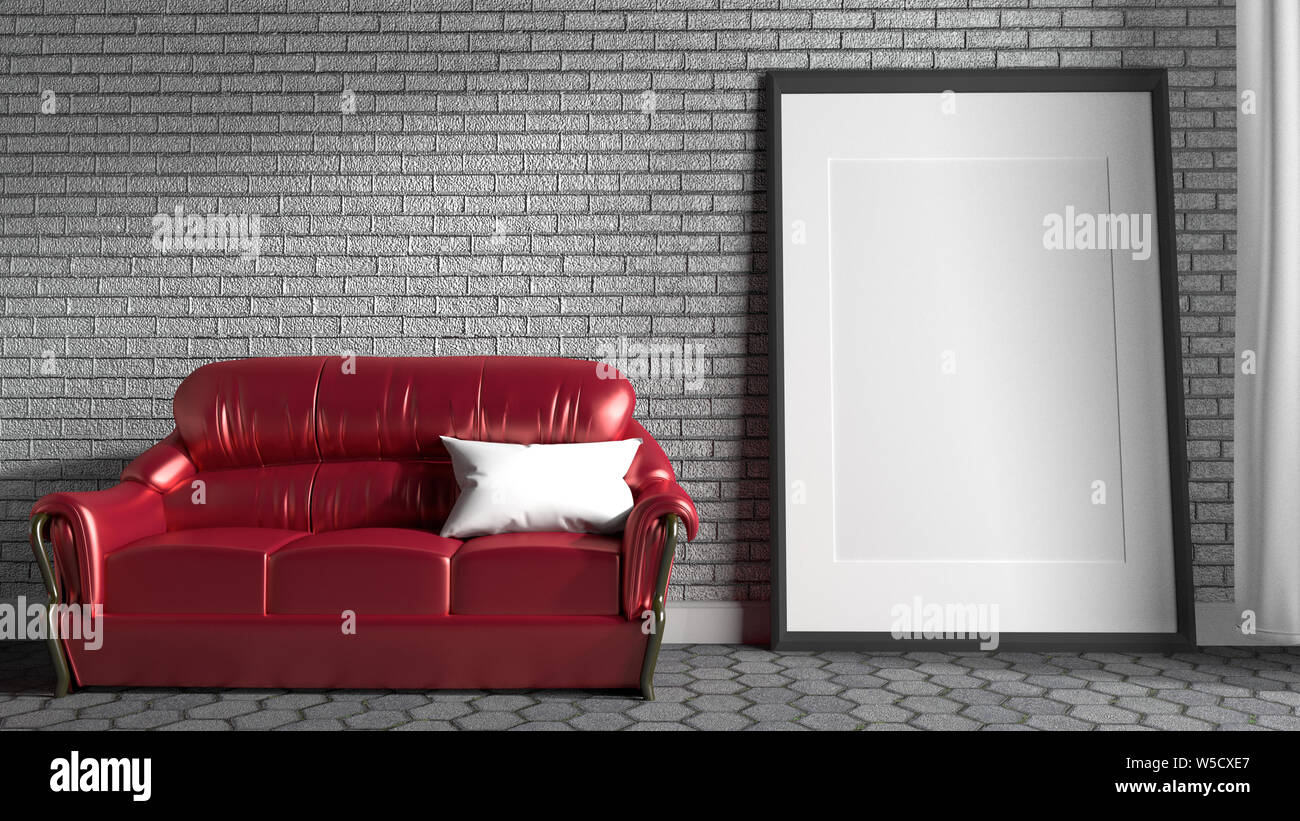 Red sofa in a living room with white brick wall background. 3d rendering Stock Photo