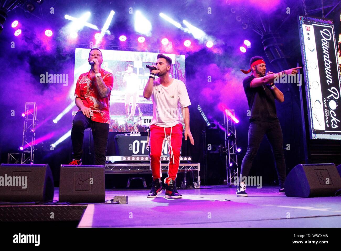 Las Vegas, USA. 27th July, 2019. Las Vegas, NV, USA. 27th July, 2019. Jacob  Underwood, Dan Miller, Trevor Penick of O-Town on stage for Pop 2000 Tour  Concert, Fremont Street Experience, Las