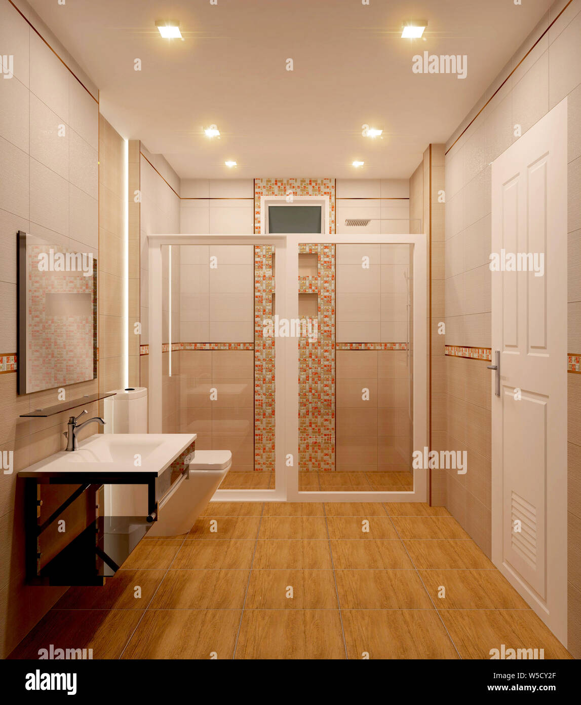 Bathroom orange tiles design and tiles mosaic design .3D rendering Stock Photo