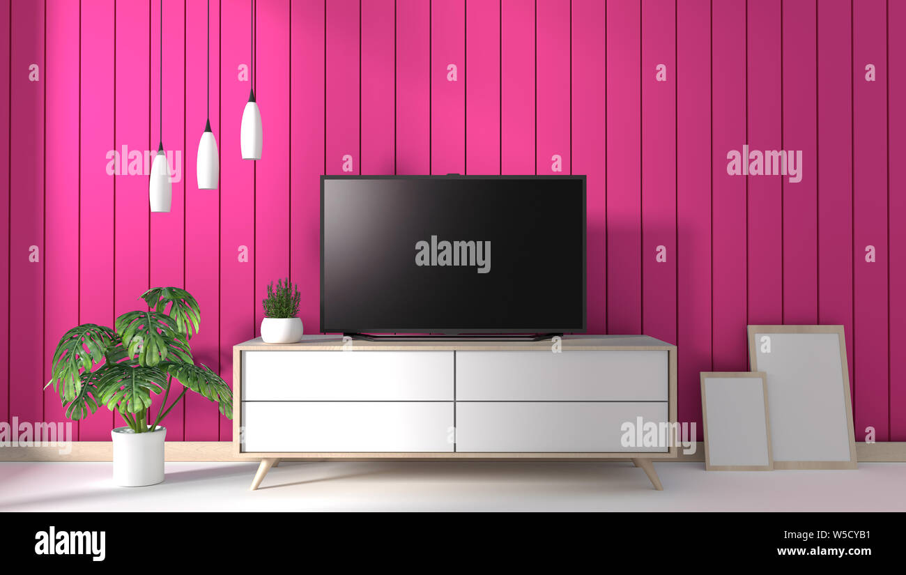 TV on cabinet in modern living room on pink wall background,3d rendering  Stock Photo - Alamy