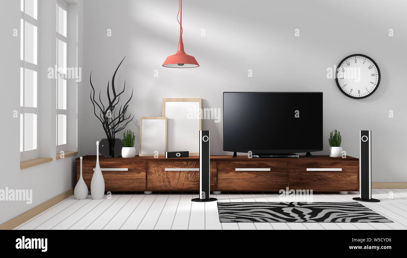 Smart Tv Mockup With Blank Black Screen Hanging On The Wooden