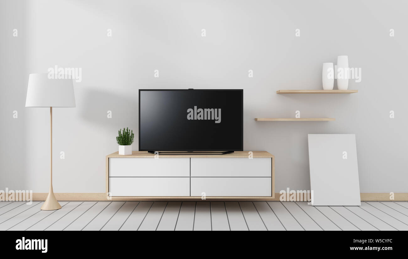 Smart Tv Mockup With Blank Black Screen Hanging On The Cabinet