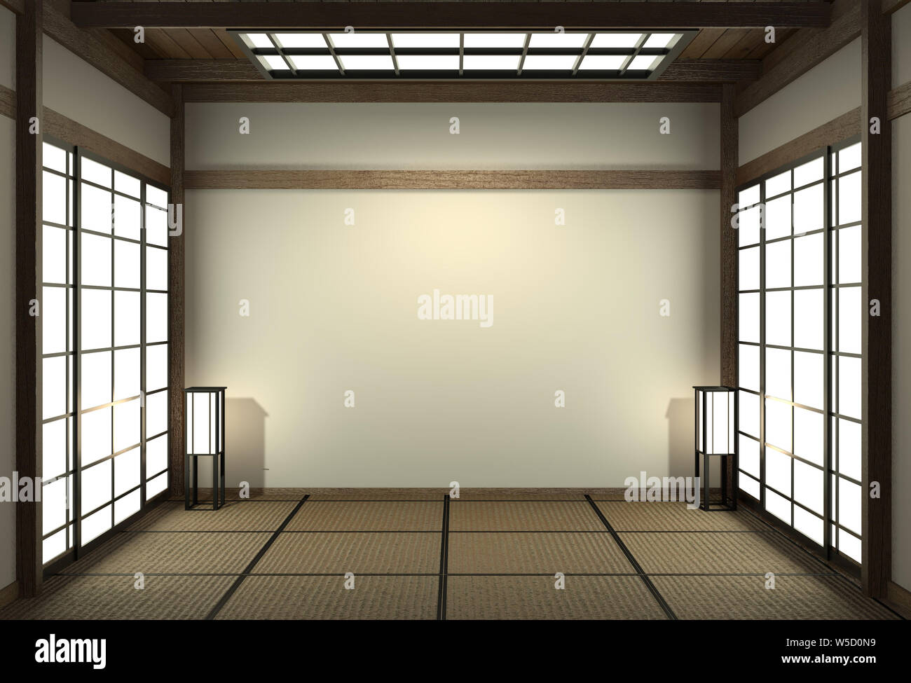 Empty Japanese living room interior minimal design with Tatami mat ...