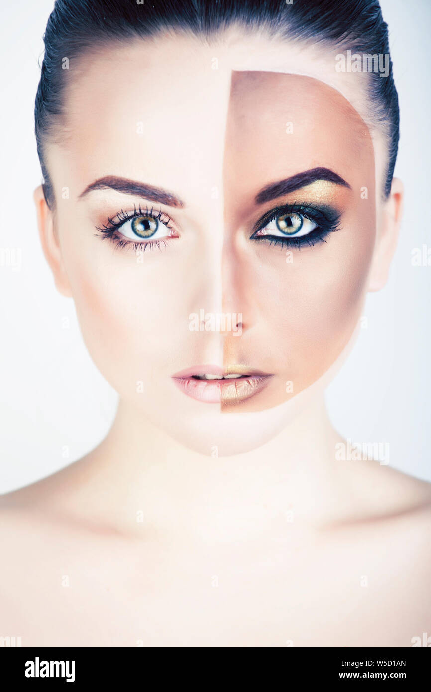 half faced woman before tanning and after close up isolated on white