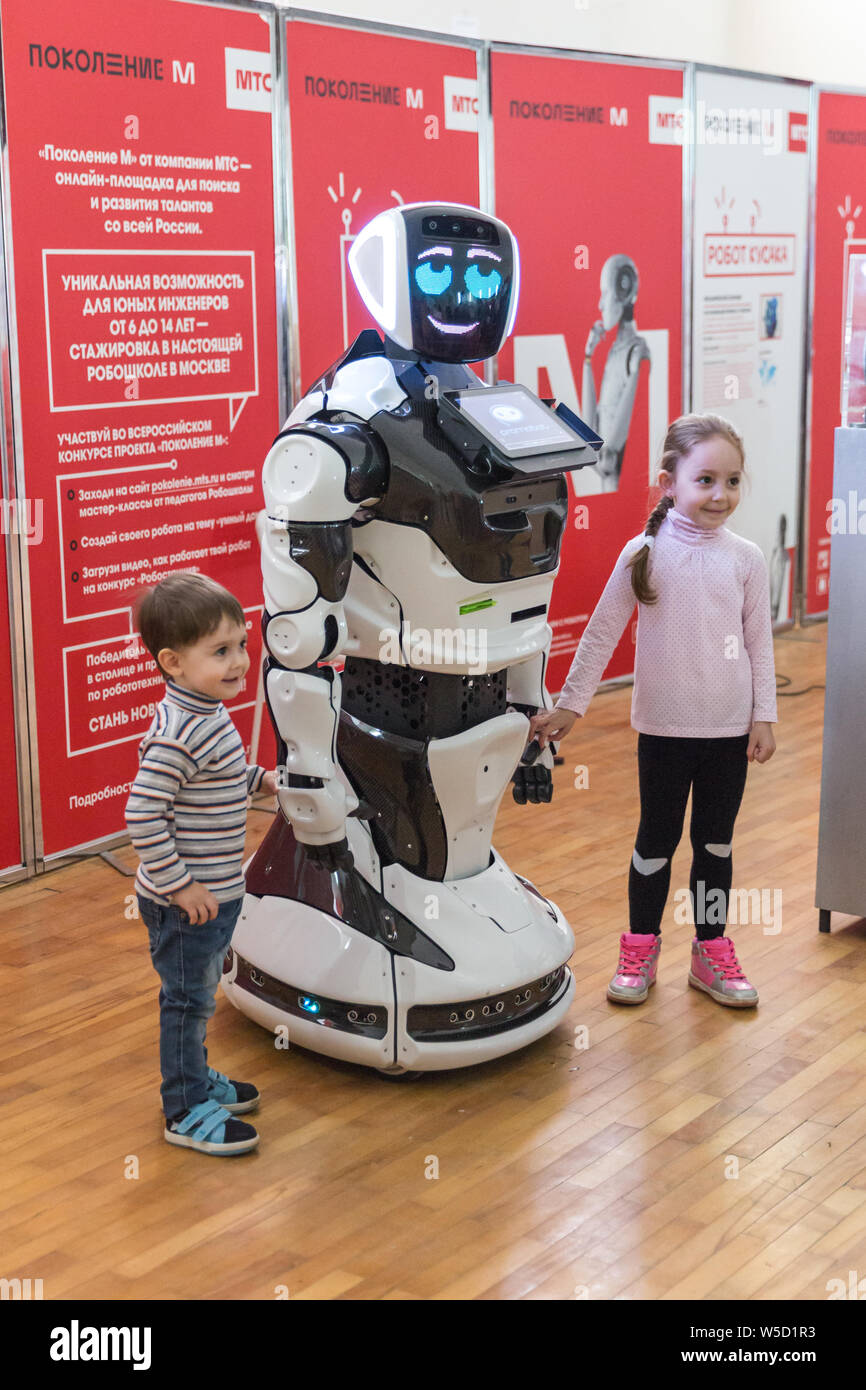 STAVROPOL, RUSSIA - APRIL 6, 2019: Modern Promo robot on the technology exhibition in Stavropol, Russia Stock Photo