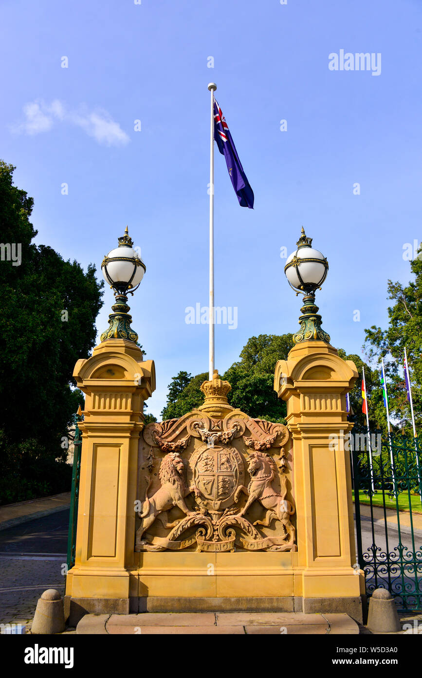 Government House, Main Gates with flag, Melbourne Victoria, Australia Stock Photo