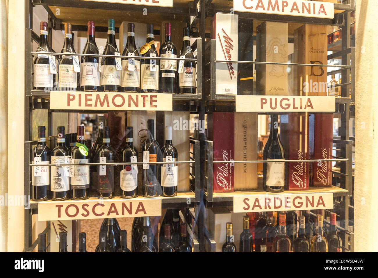 BOLOGNA, ITALY MAY 01, 2018 Winery shop. Wine store shelves inside a