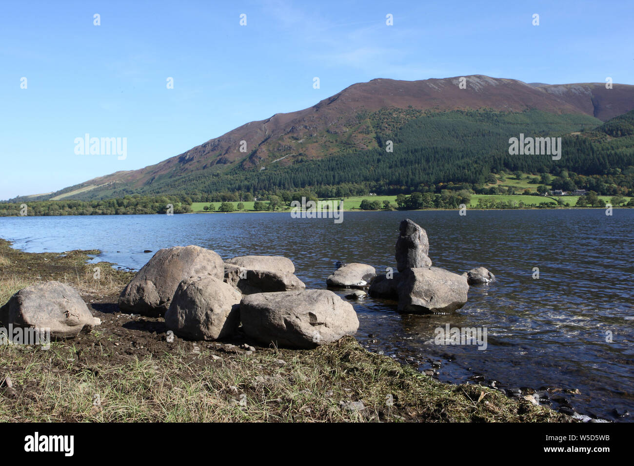 Rocks on western shore of Bassenthwaite Lake and view across lake Stock Photo