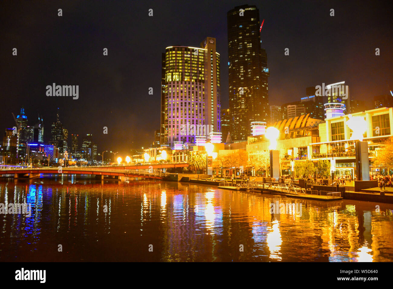 Yarra River, Southbank fire display at night, Melbourne, Victoria, Australia Stock Photo