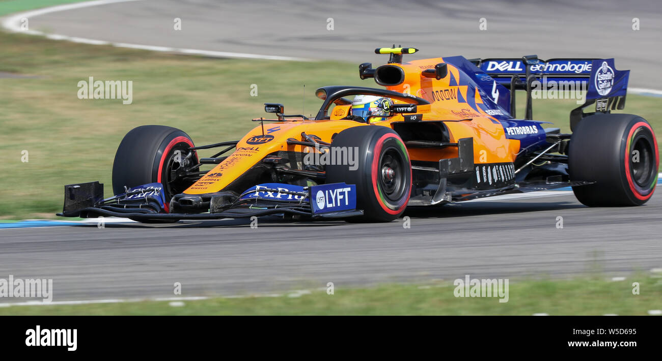 Hockenheim, Germany. 26th July, 2019. Motorsport: Formula 1 World Championship, Grand Prix of Germany. Lando Norris from Great Britain of Team McLaren F1 drives in the first free practice on the track. Credit: Jan Woitas/dpa-Zentralbild/dpa/Alamy Live News Stock Photo