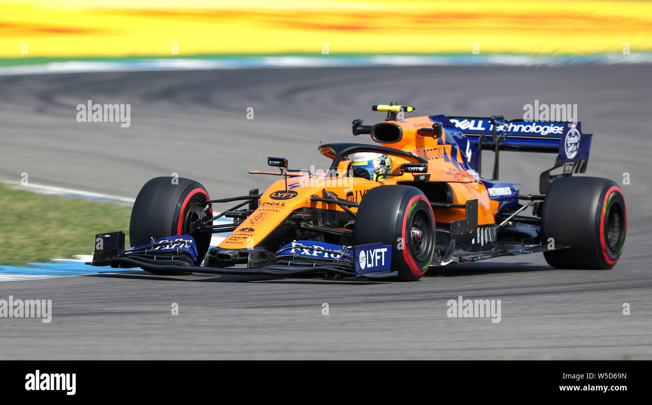 Hockenheim, Germany. 26th July, 2019. Motorsport: Formula 1 World Championship, Grand Prix of Germany. Lando Norris from Great Britain of Team McLaren F1 drives in the first free practice on the track. Credit: Jan Woitas/dpa-Zentralbild/dpa/Alamy Live News Stock Photo