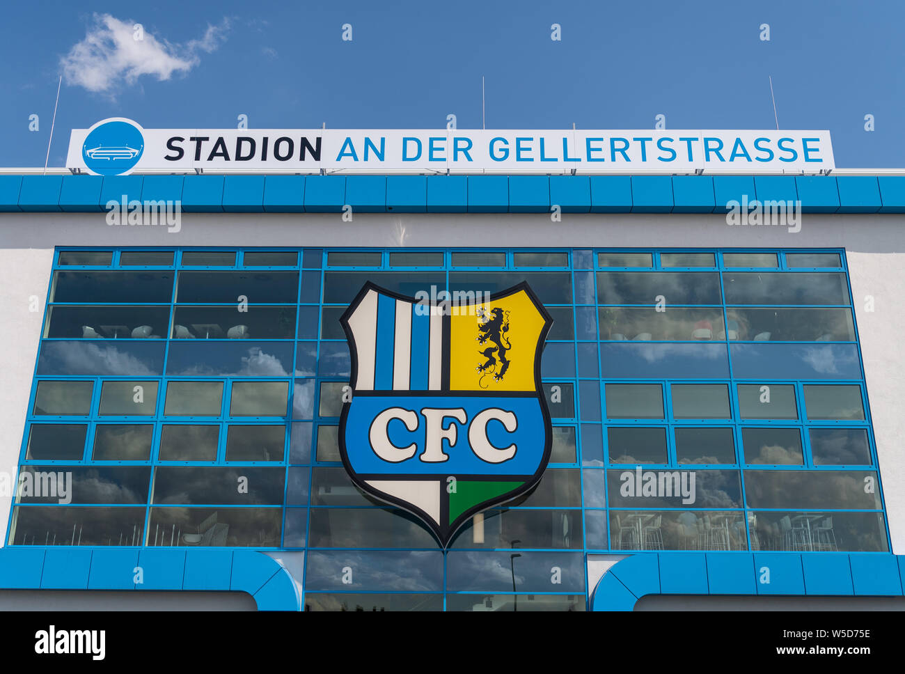 21 July 2019, Saxony, Chemnitz: Soccer: 3rd league, Chemnitzer FC - SV  Waldhof Mannheim, 1st matchday, in the stadium at Gellertstraße. View of  the stadium from the outside. Important note: The DFB