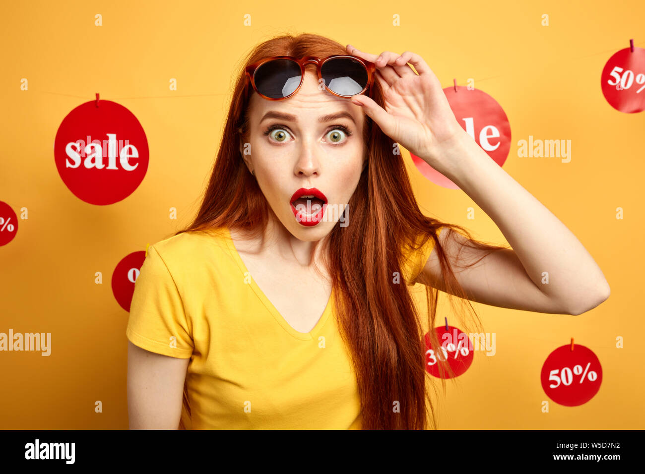 Girl With Sunglasses On Her Forehead Cannot Believe In Huge Sales Close Up Photo Isolated 6150