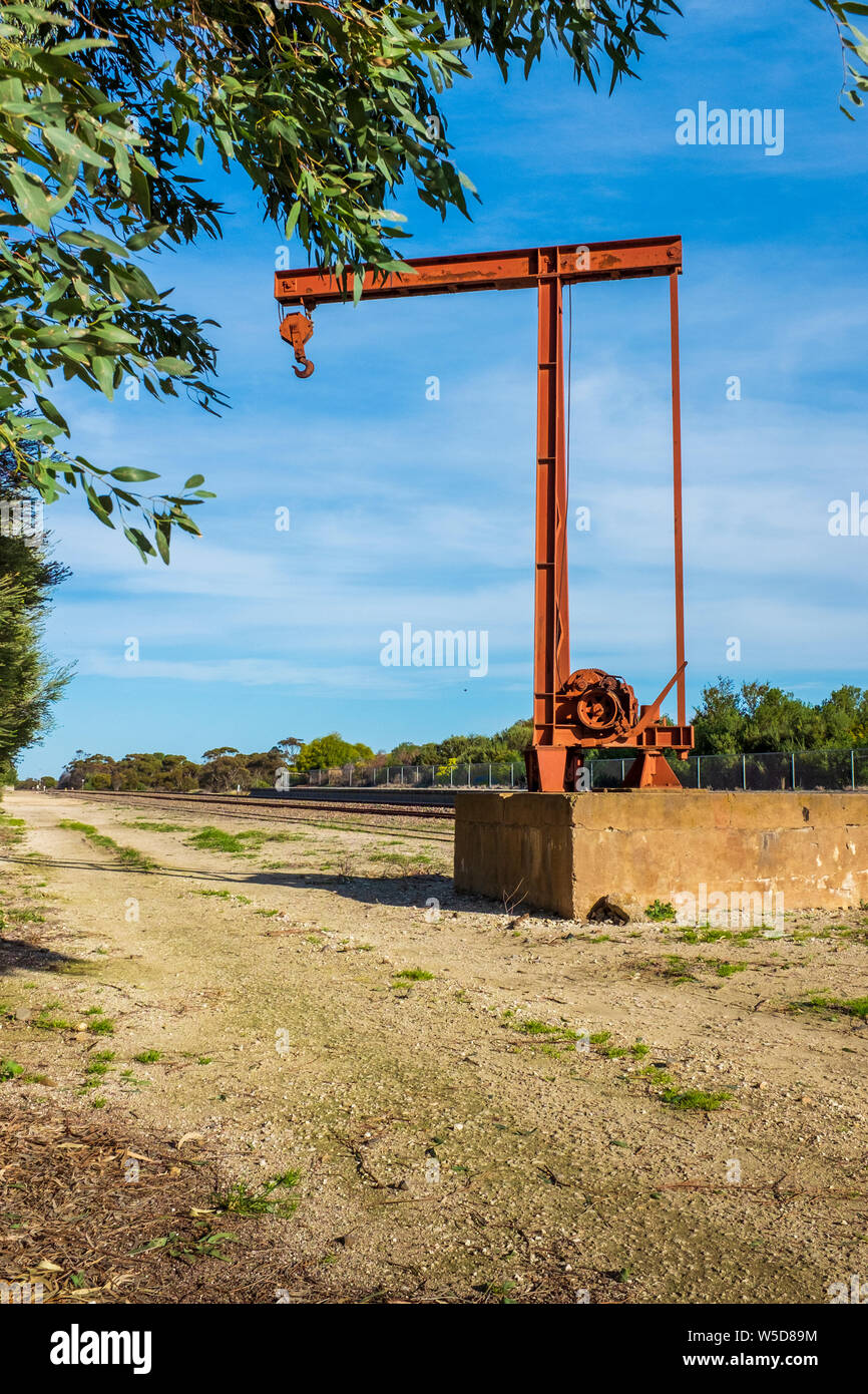 Old crane next to railway line at Coonalpyn in rural South Australia, Australia Stock Photo