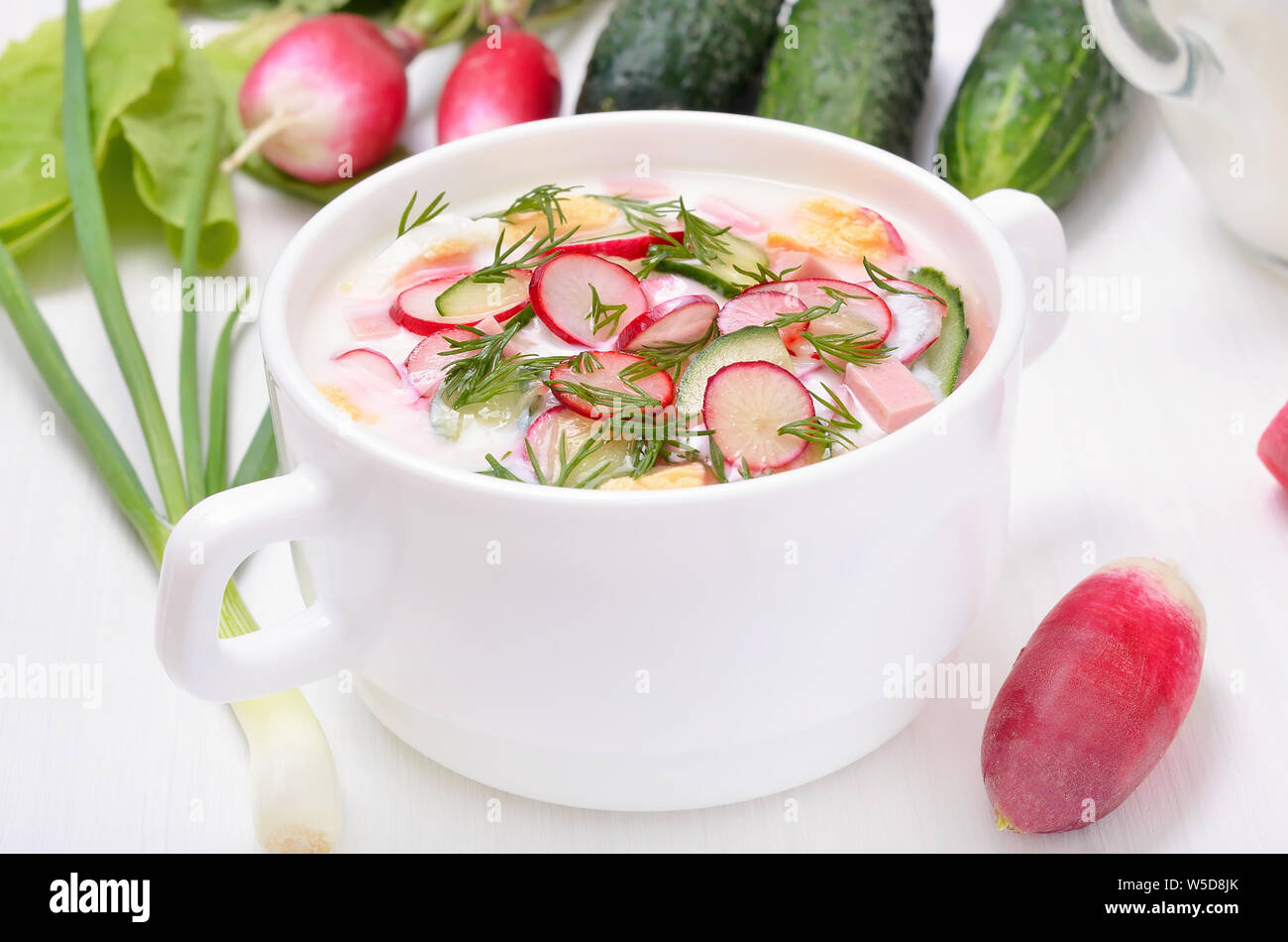 Okroshka. Yoghurt soup with radish, cucumber and dill Stock Photo