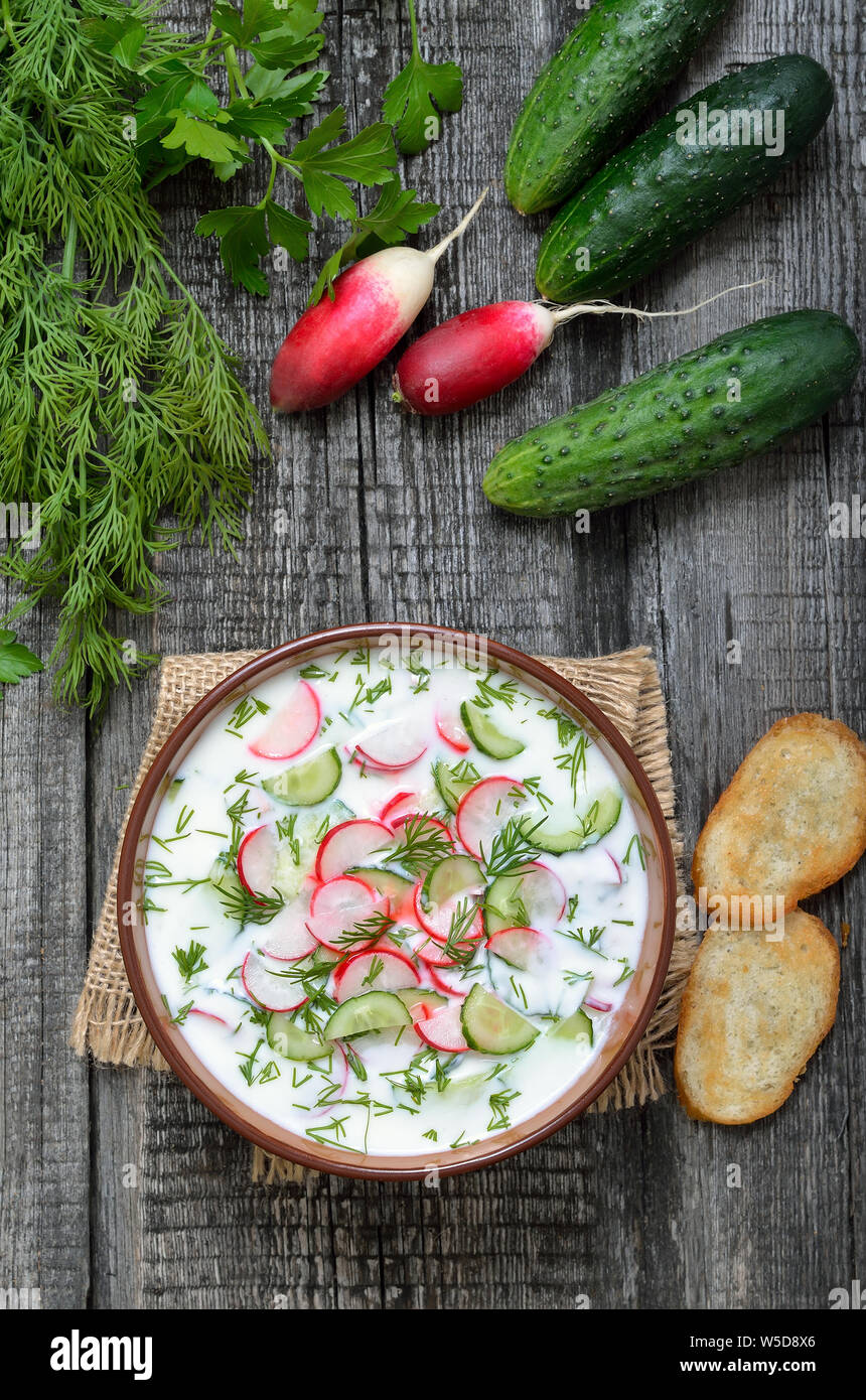 Yoghurt cold soup and fresh cucumbers and radish, top view Stock Photo
