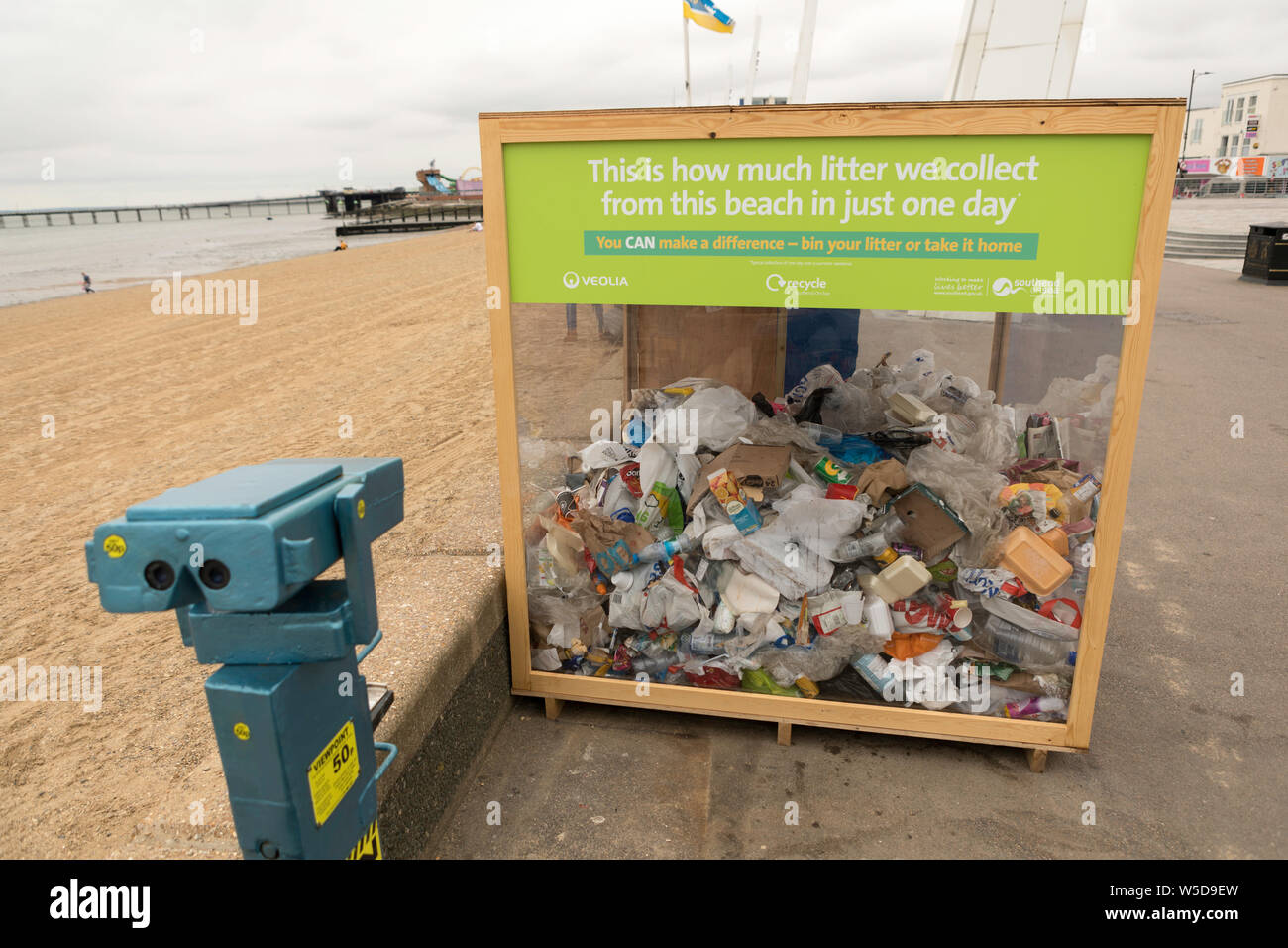 Southend on Sea, UK. 27th July, 2019. The local council has installed a see  through rubbish bin to highlight the issue of rubbish being left daily on  the towns City Beach and