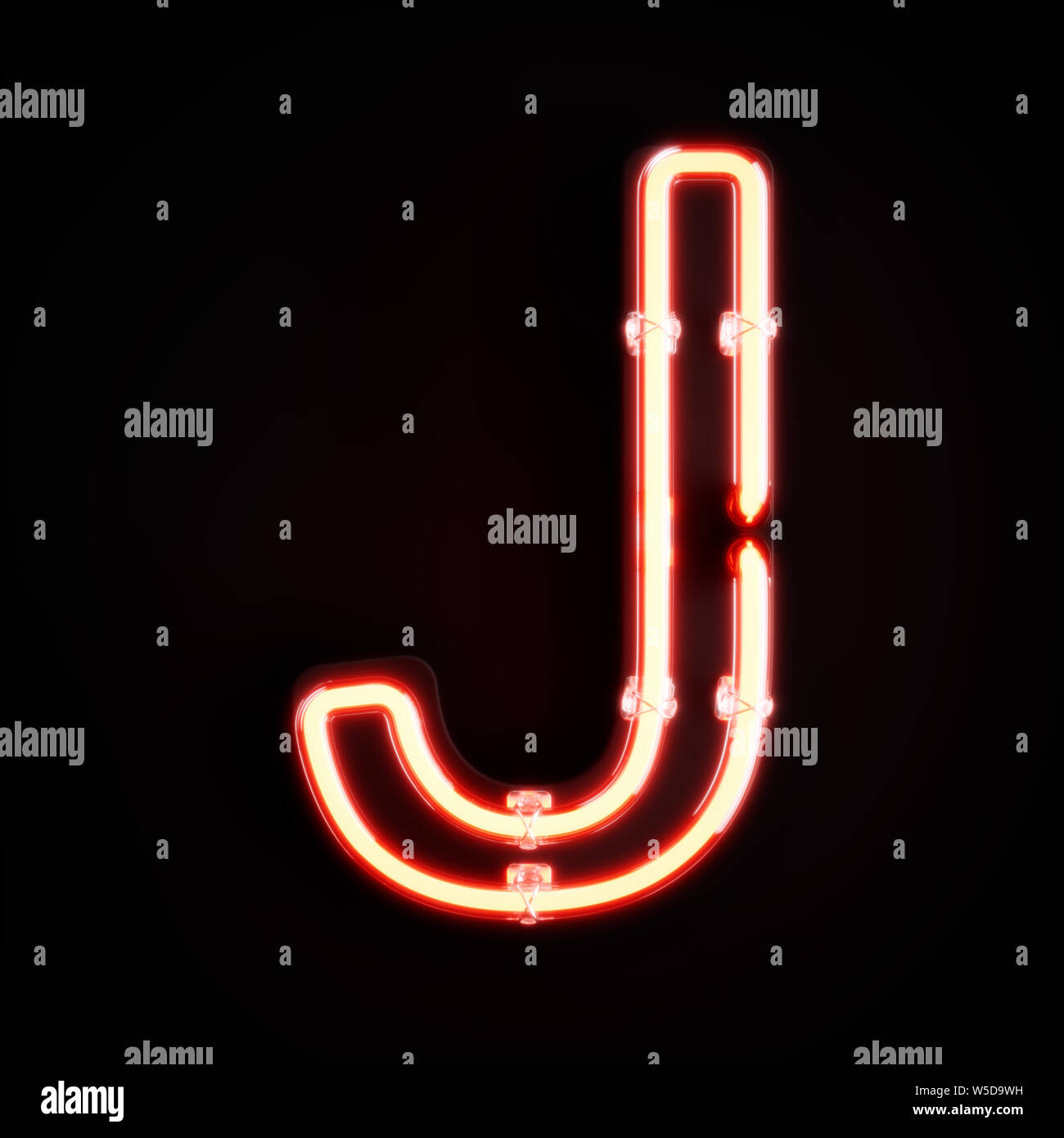 Neon light alphabet character J font. Neon tube letters glow effect on orange background. 3d rendering Stock Photo