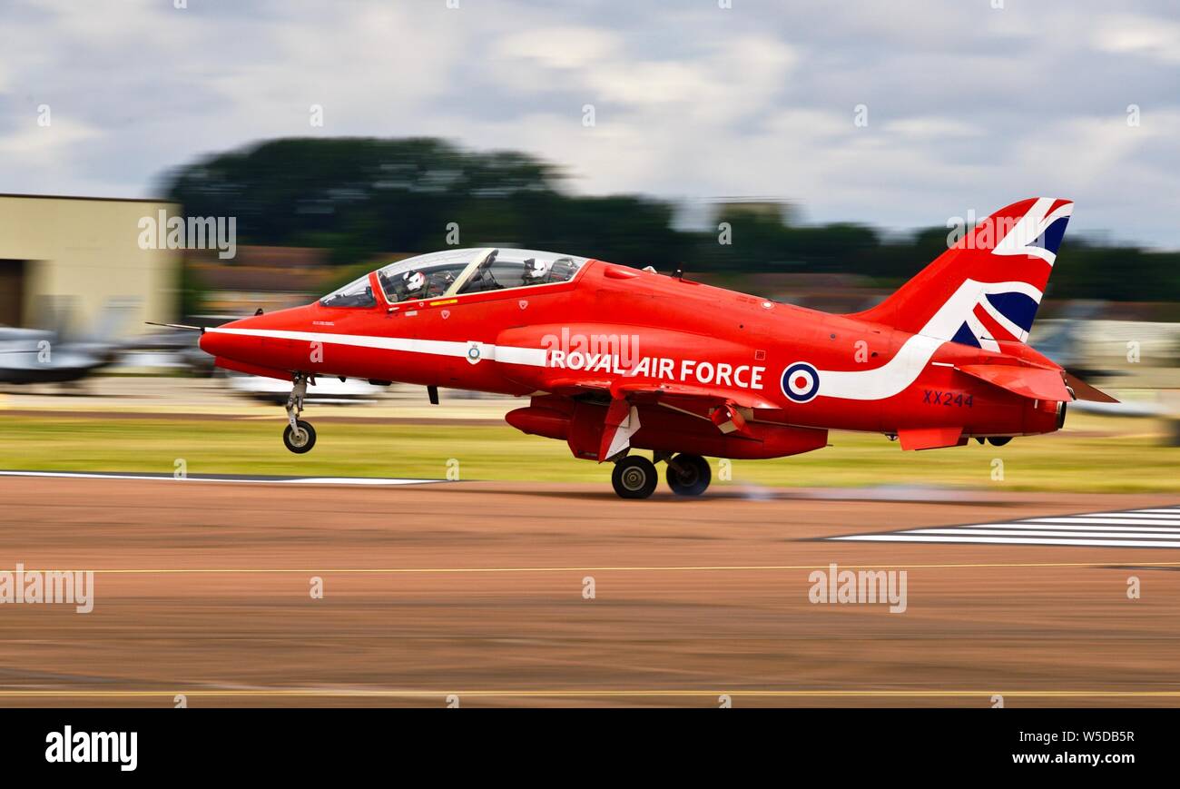Royal Air Force Red Arrows BAE Systems Hawk jet landing at RAF Fairford on the 18th July 2019 Stock Photo