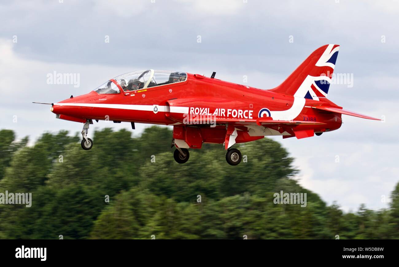 Royal Air Force Red Arrows BAE Systems Hawk jet landing at RAF Fairford on the 18th July 2019 Stock Photo