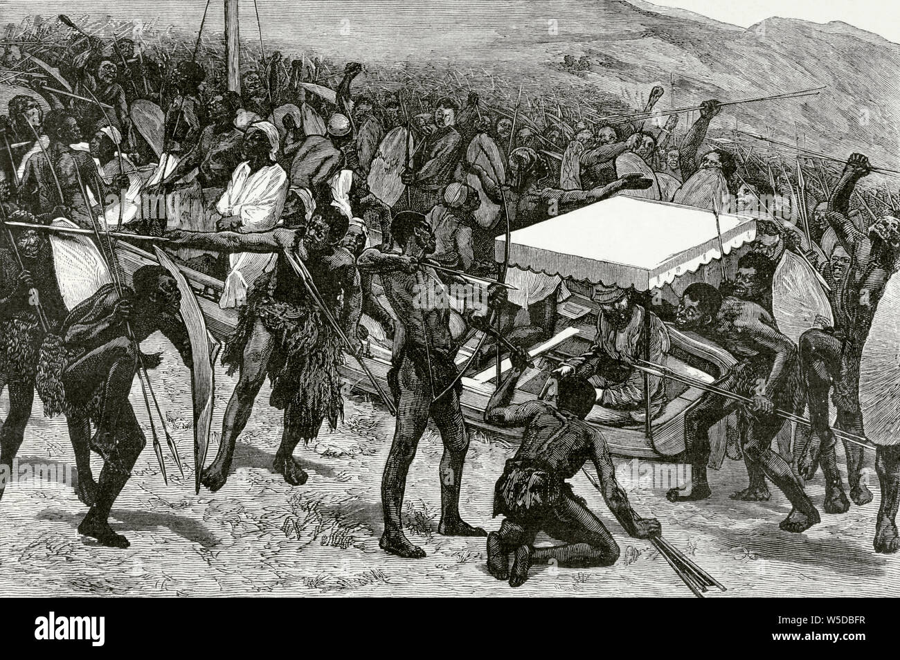 Central Africa. Expedition of Stanley. Reception at Bumbireh island. Engraving. Africa inexplorada, el Continente Misterioso by Henry Morton Stanley, c. 1887. Stock Photo