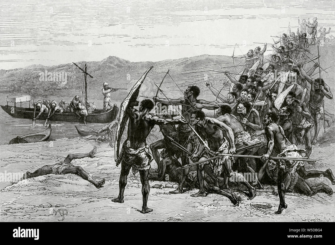 Central Africa. Joint exploration of northern Lake Tanganyika by Livingstone and Stanley. Departure of the canoe Lady Alice, with David Livingstone (1813-1873), from the island of Bumbireh, with unfriendly natives. Engraving by Charles Laplante. Africa inexplorada, el Continente Misterioso by Henry Morton Stanley, c. 1887. Stock Photo