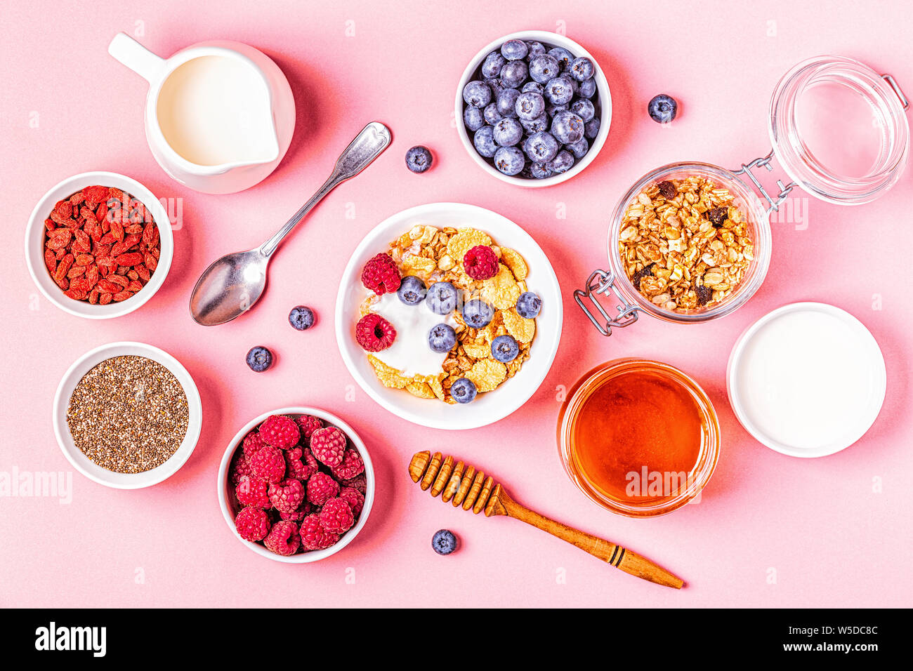 Healthy breakfast, muesli, cereal with fruit, top view Stock Photo Alamy