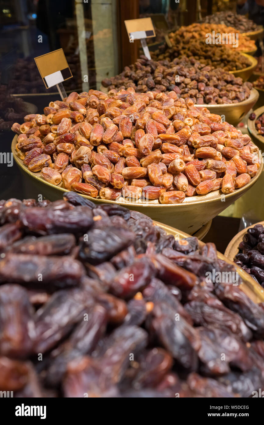 Various types of dried dates for sale in Turkey Stock Photo