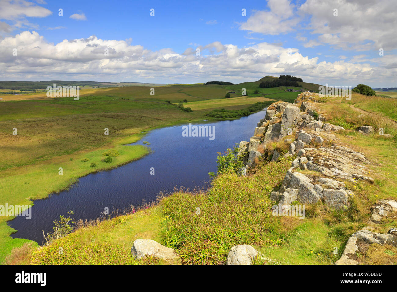 Crag Lough from Hadrian's Wall, UNESCO World Heritage Site, Hadrian's Wall path, near Hexham, Northumberland, Northumberland National Park, England. Stock Photo