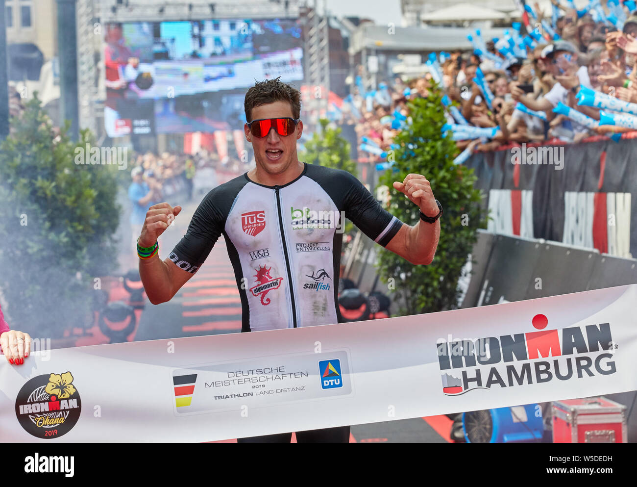 Hamburg, Germany. 28th July, 2019. Triathlon: Ironman World Series/German  Championship, Men: Paul Schuster from Griesheim finishes as best German and  third. Credit: Georg Wendt/dpa/Alamy Live News Credit: dpa picture  alliance/Alamy Live News