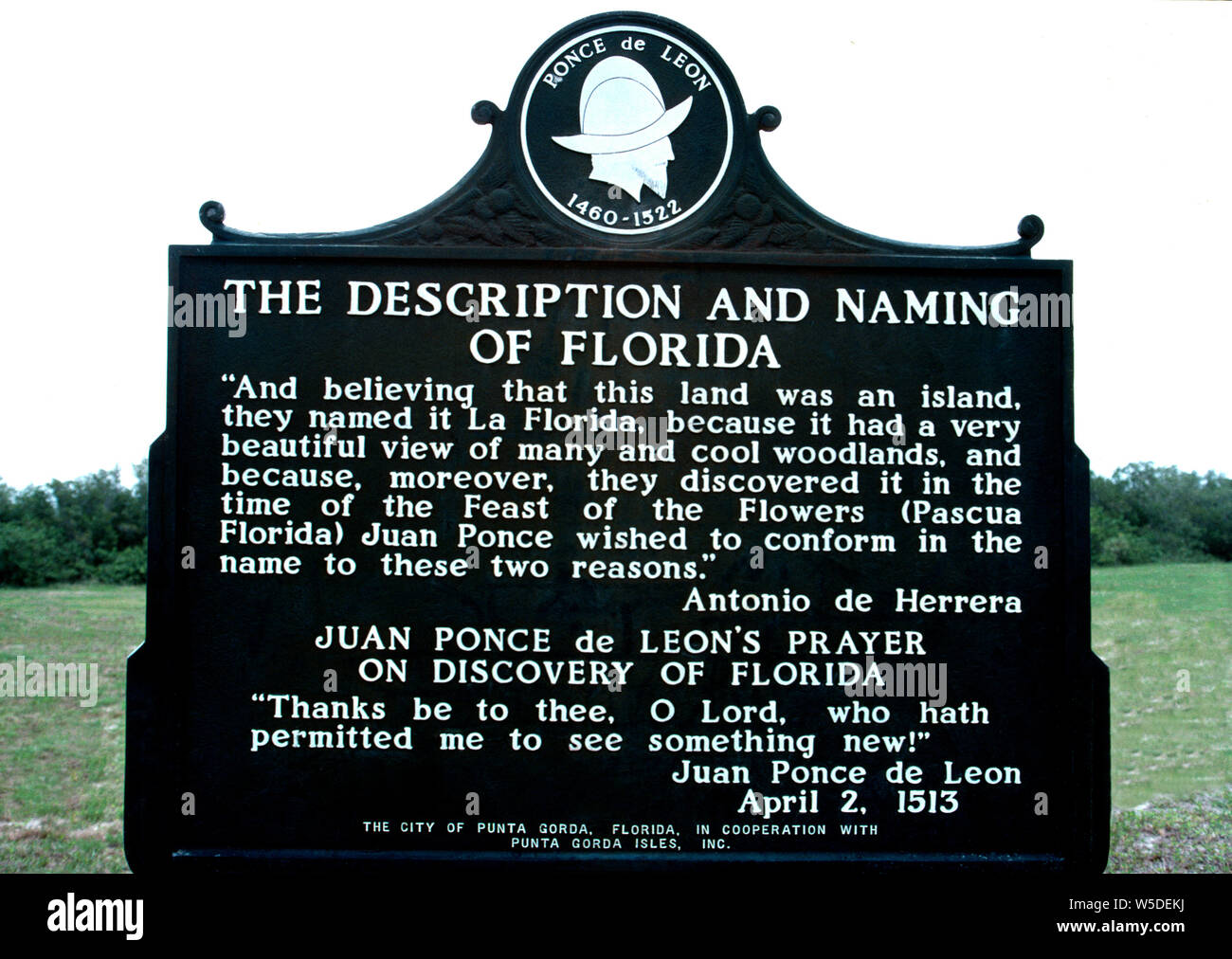 An historical plaque describes how the state of Florida, USA, got its name when Spanish explorer Juan Ponce de Leon landed his three sailing ships on the east coast of an unknown peninsula in 1513. Although he is called the discoverer of Florida, Native Americans had lived on the land for thousands of years. When Ponce de Leon's expedition of 200 men went ashore in La Florida, they did not realize it was part of the mainland of North America. During a later trip to southwest Florida in 1521 to establish a Spanish colony, Ponce de Leon was mortally wounded during an attack by Calusa Indians. Stock Photo