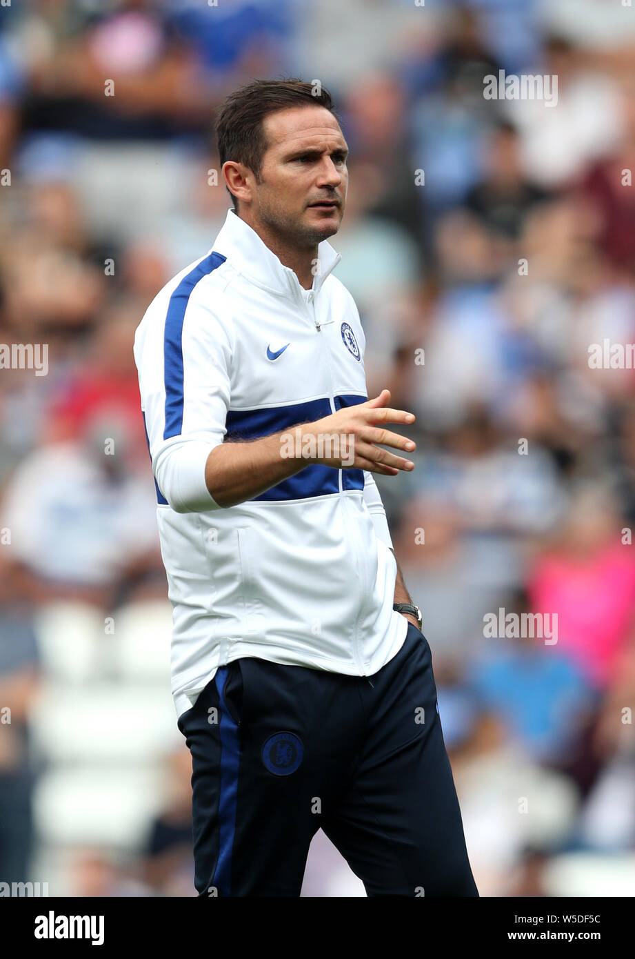 Chelsea manager Frank Lampard gestures on the touchline during the pre-season friendly match at the Madejski Stadium, Reading. Stock Photo
