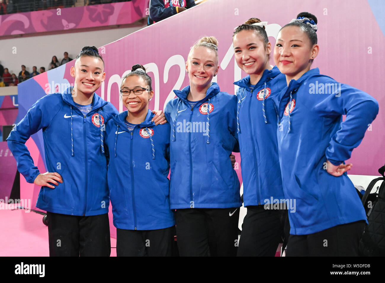 July 27, 2019, Lima, Peru: LEANNE WONG, MORGAN HURD, RILEY MCCUSKER, ALEAH FINNEGAN, and KARA EAKER pose for a photo after winning the team finals competition held in the Polideportivo Villa El Salvador  in Lima, Peru. (Credit Image: © Amy Sanderson/ZUMA Wire) Stock Photo