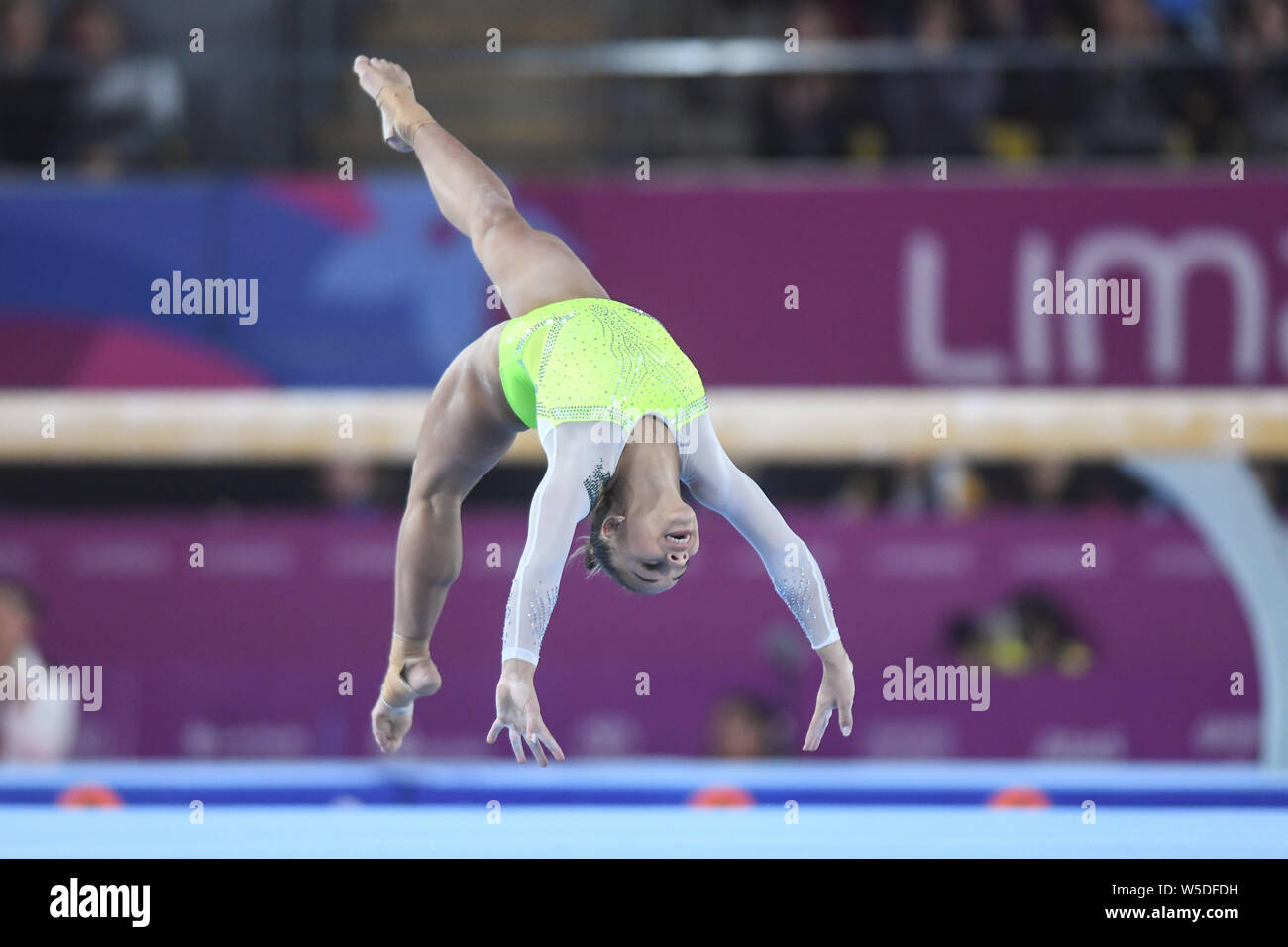July 27, 2019, Lima, Peru: FLAVIA SARAIVA from Brazil competes on the floor exercise during the team finals competition held in the Polideportivo Villa El Salvador  in Lima, Peru. (Credit Image: © Amy Sanderson/ZUMA Wire) Stock Photo