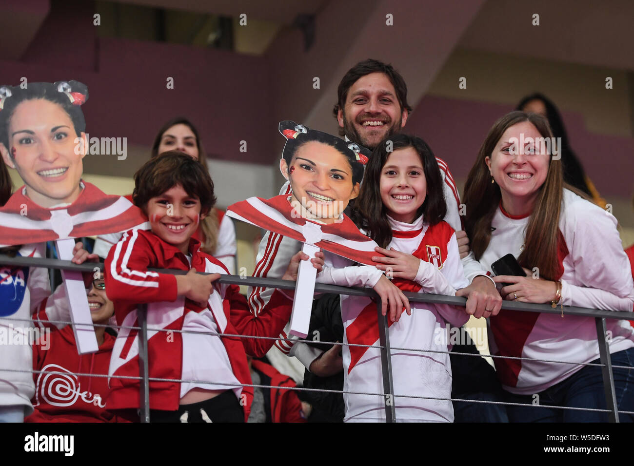 July 27, 2019, Lima, Peru: Peruvian fans cheer on their team during the team finals competition held in the Polideportivo Villa El Salvador  in Lima, Peru. (Credit Image: © Amy Sanderson/ZUMA Wire) Stock Photo