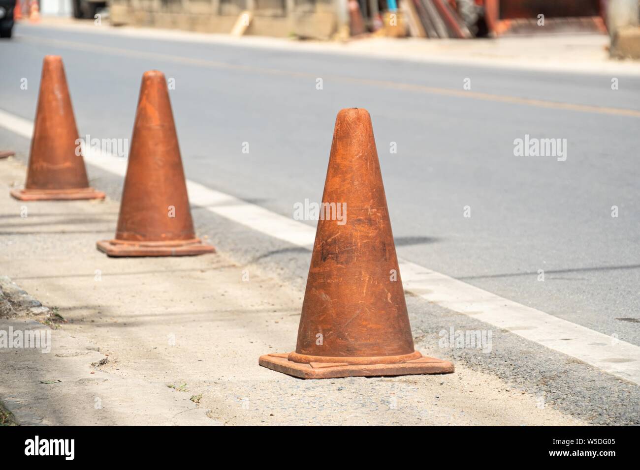 Old Traffic cones, also called pylons, witches' hats, road cones