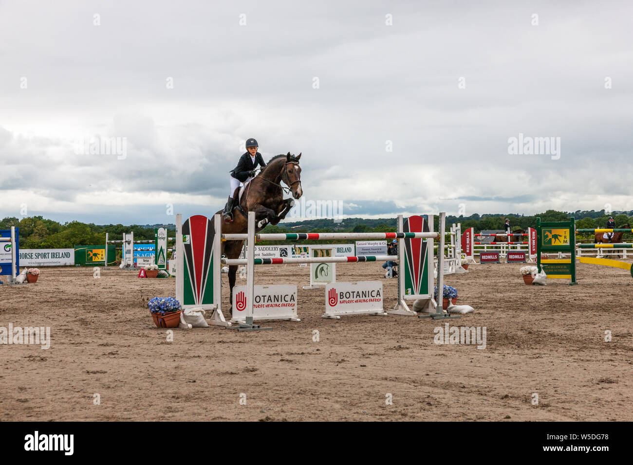 Carrigaline, Cork, Ireland. 28th July, 2019. Jamie Garland on Zeplepplin clears the a fence in the 1.5m New Height Champions Series during the Premier Grand Prix, 3-day event that was held at the Maryville Equestrian Centre in Carrigaline, Co. Cork, Ireland. Credit;  David Creedon / Alamy Live News Stock Photo