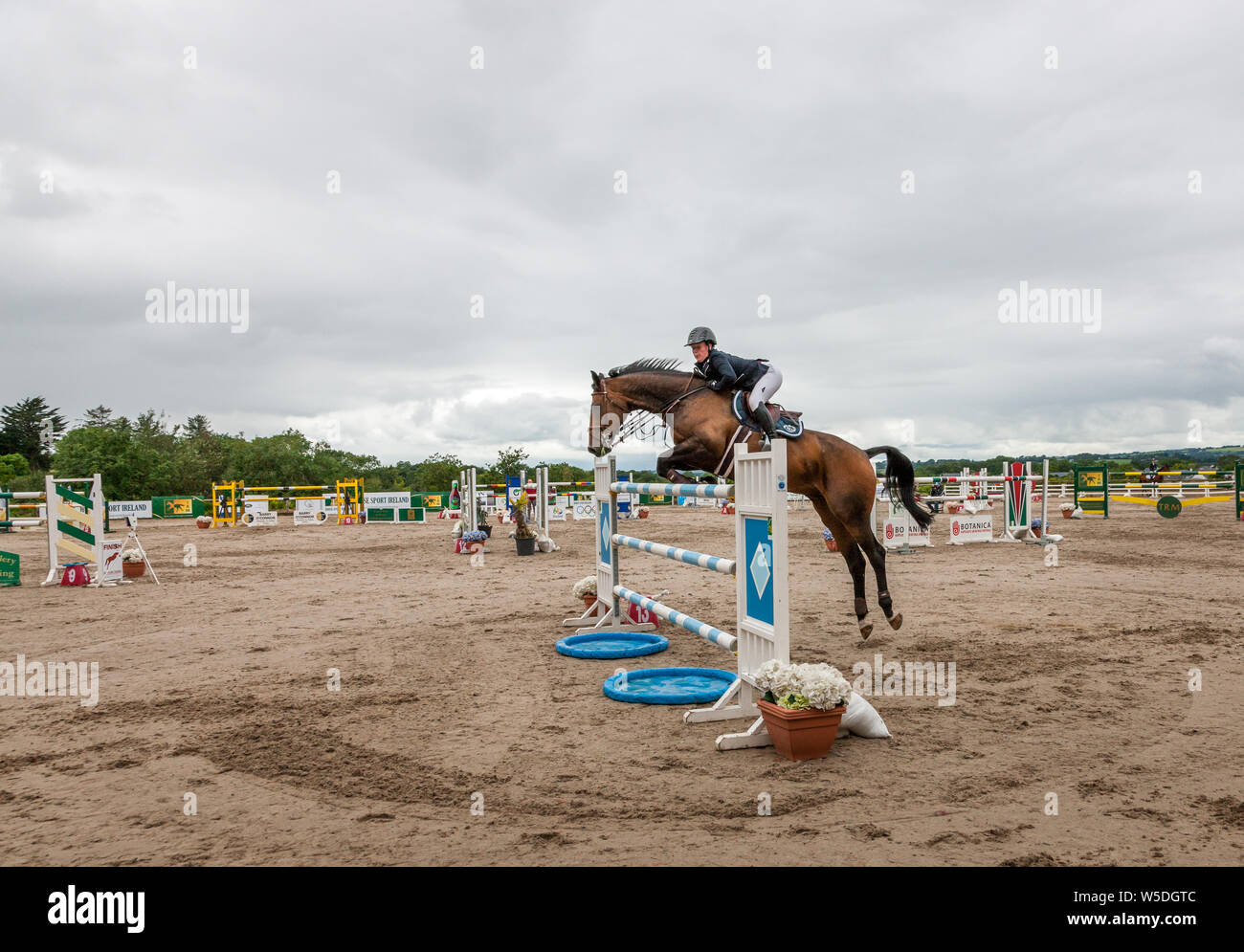 Carrigaline, Cork, Ireland. 28th July, 2019. European Gold Medalist Kate Derwin riding Deep Pockets clears the final fence in the 1.5m New Height Champions Series during the Premier Grand Prix, 3-day event that was held at the Maryville Equestrian Centre in Carrigaline, Co. Cork, Ireland. Credit;  David Creedon / Alamy Live News Stock Photo
