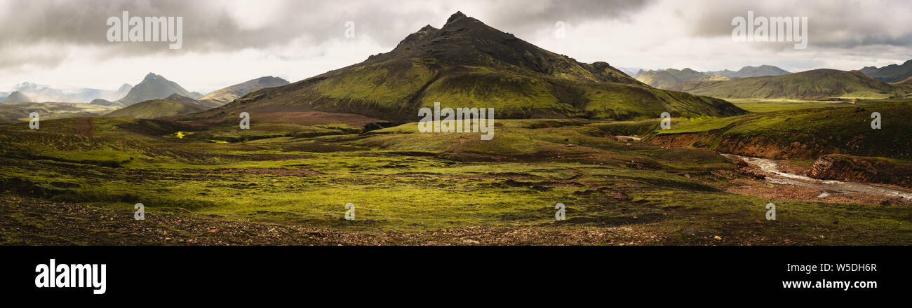 Panoramic landscape of Laugavegur trail view green hills and valley Iceland Stock Photo