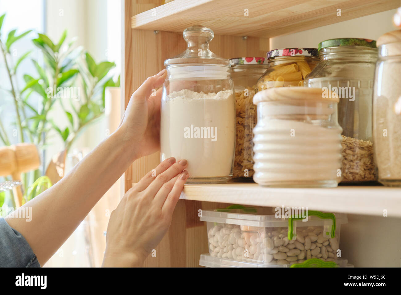 Food Products In The Kitchen Storing Ingredients In Pantry Woman