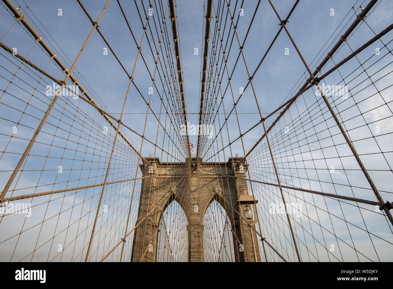 Architecture of Brooklyn bridge over east river in Brooklyn New York city NYC USA. Stock Photo