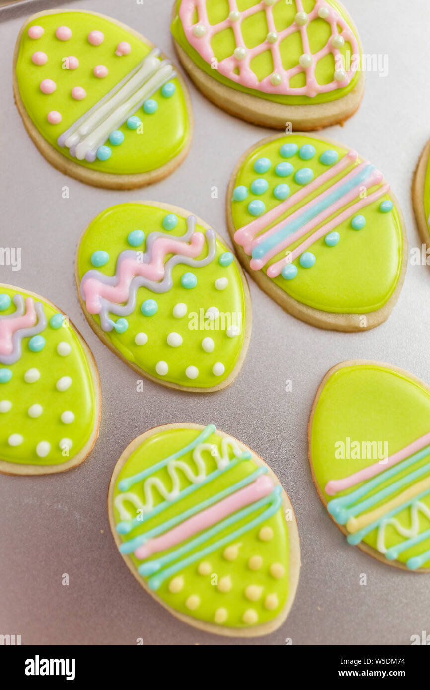 Easter sugar cookies decorated with royal icing of different colors