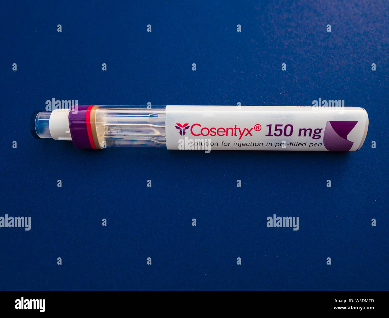 A Cosentyx 150mg (secukinumab) auto injection pen with the top removed  ready for use on a blue background a treatment for the skin problem  psoriasis Stock Photo - Alamy