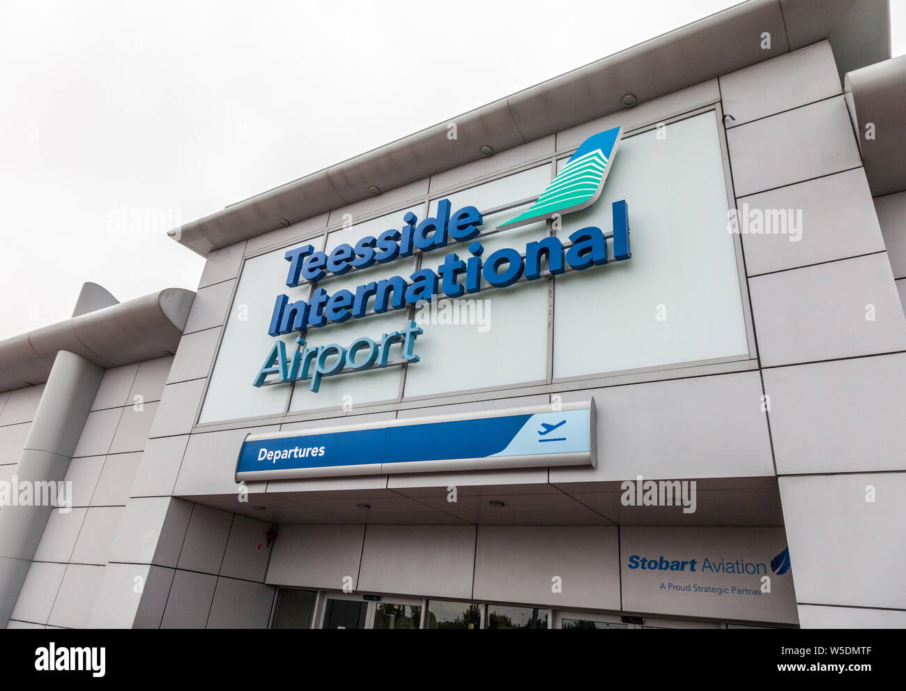 Darlington, UK. 28th July 2019. Durham Tees Valley Airport has been renamed  Teesside International Airport after its recent purchase by Tees Valley  Combined Authority and the Stobart Group. The new signage was