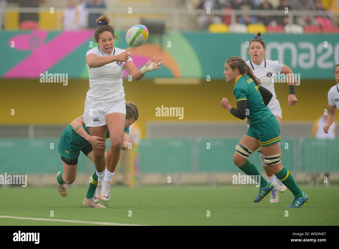 Lima, Peru. 28th July, 2019.- Rugby 7 Womens Senal.nal. Brazil and the  United States. Pan