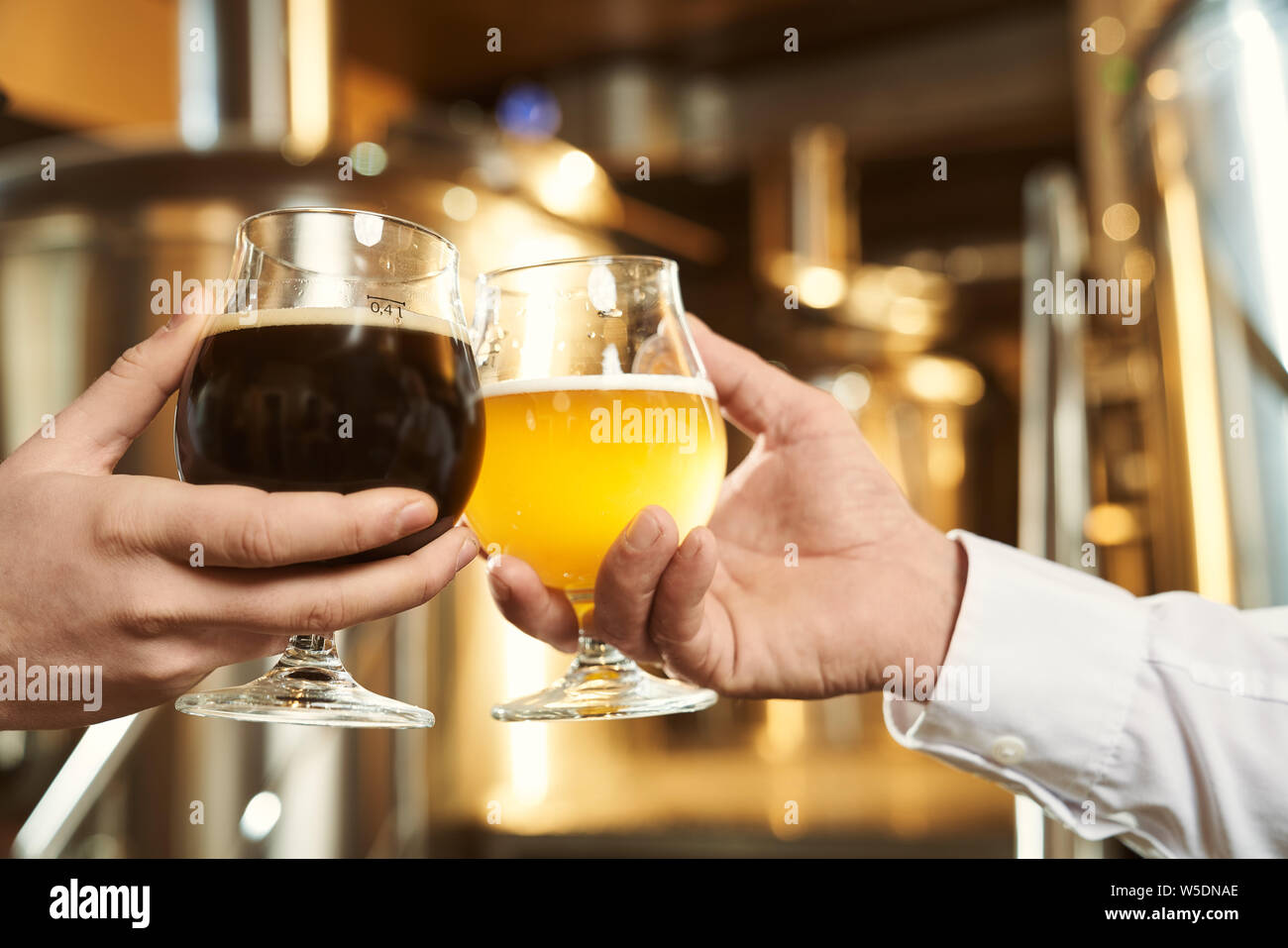 Close up of two male hands holding glasses with beer. Assortment of drinks. Dark and light beer. Industry of brewing beer. Equipment of modern mini brewery on background. Stock Photo