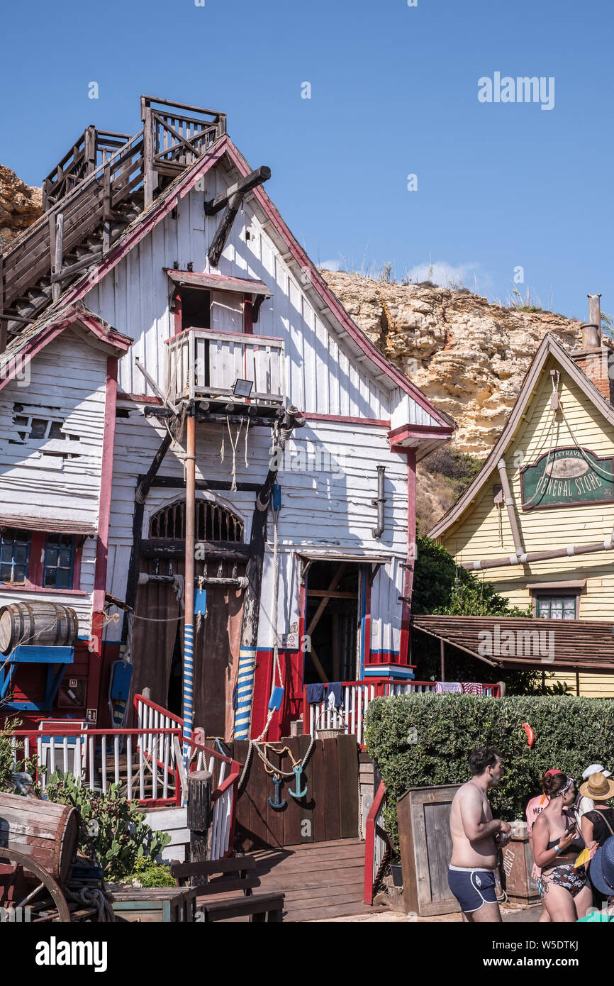 Popeye Set Popeye Village, Malta - July 19, 2019. Interior of the Popeye village ...